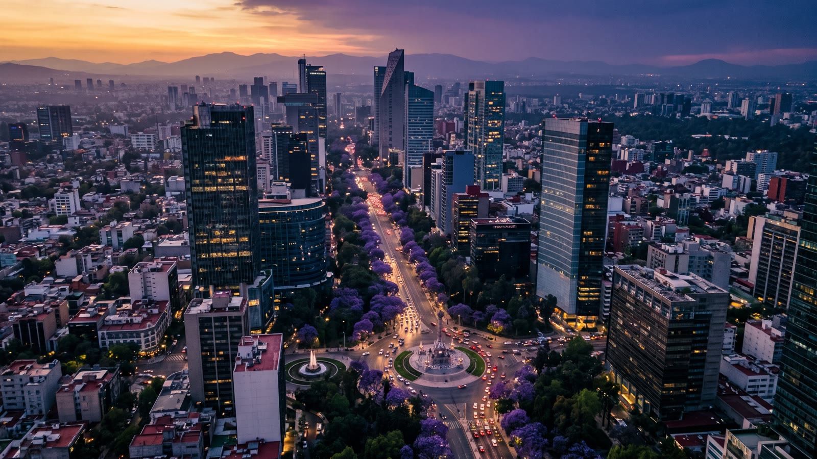 Vista aérea de una glorieta en una avenida de Ciudad de México al anochecer, con recuadros ilustrativos sobre vehículos y una zona marcada alrededor de la glorieta
