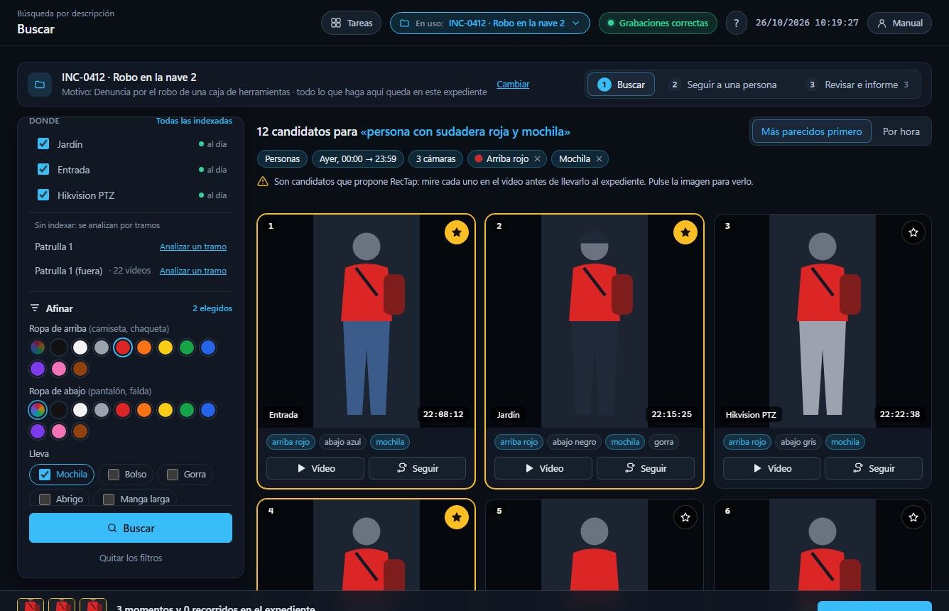 Búsqueda de una persona con sudadera roja y mochila con filtros de ropa y color y candidatos de varias cámaras (datos de ejemplo)