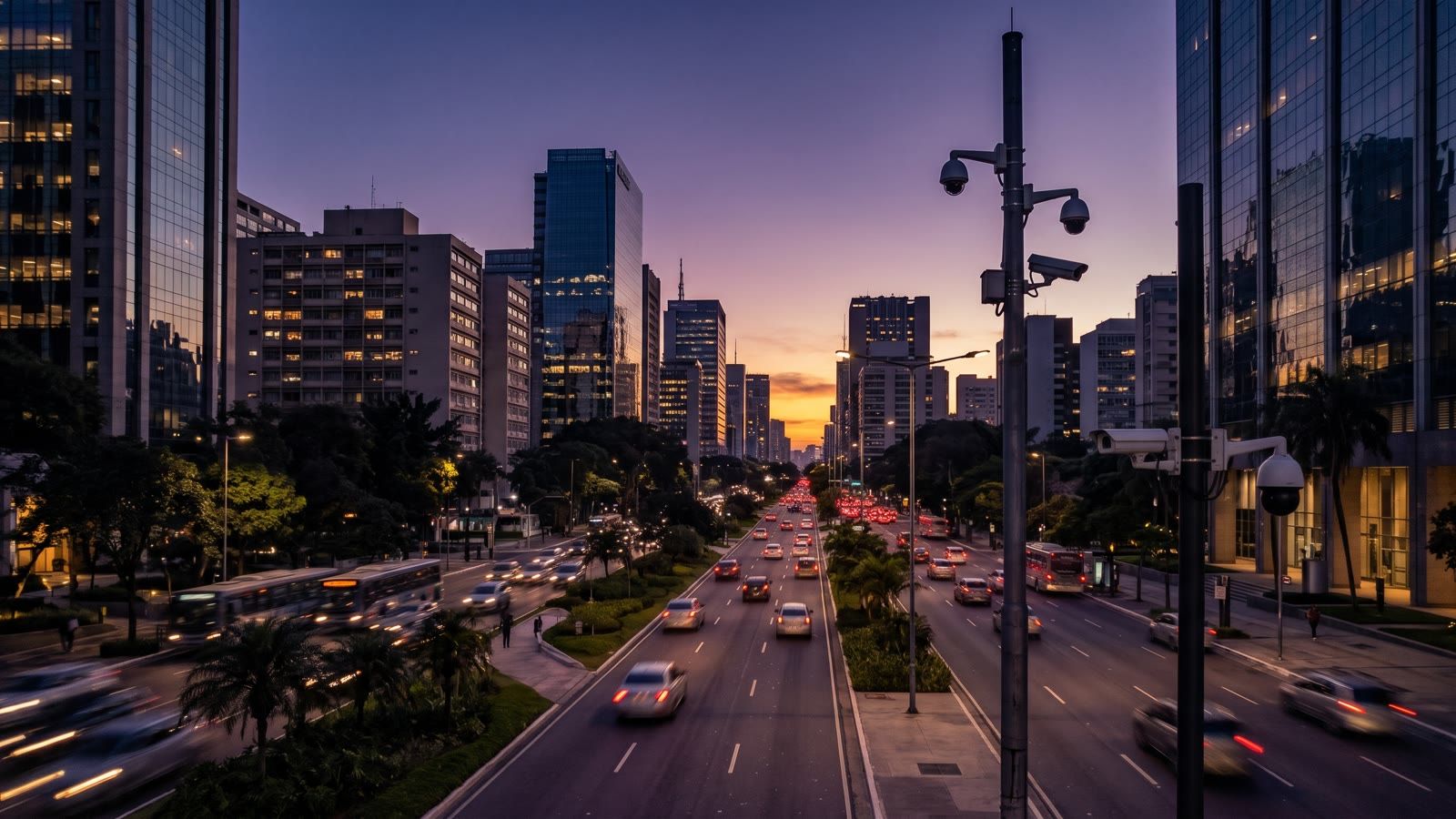 Avenida con tráfico al anochecer y un poste con cámaras, con recuadros ilustrativos sobre vehículos y un peatón