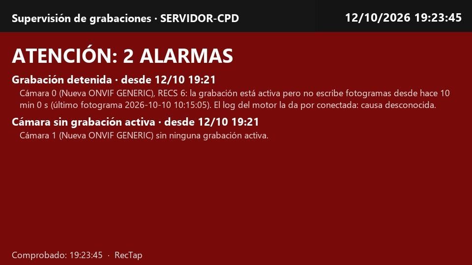 Cámara de estado en rojo con dos alarmas: grabación detenida y cámara sin grabación activa
