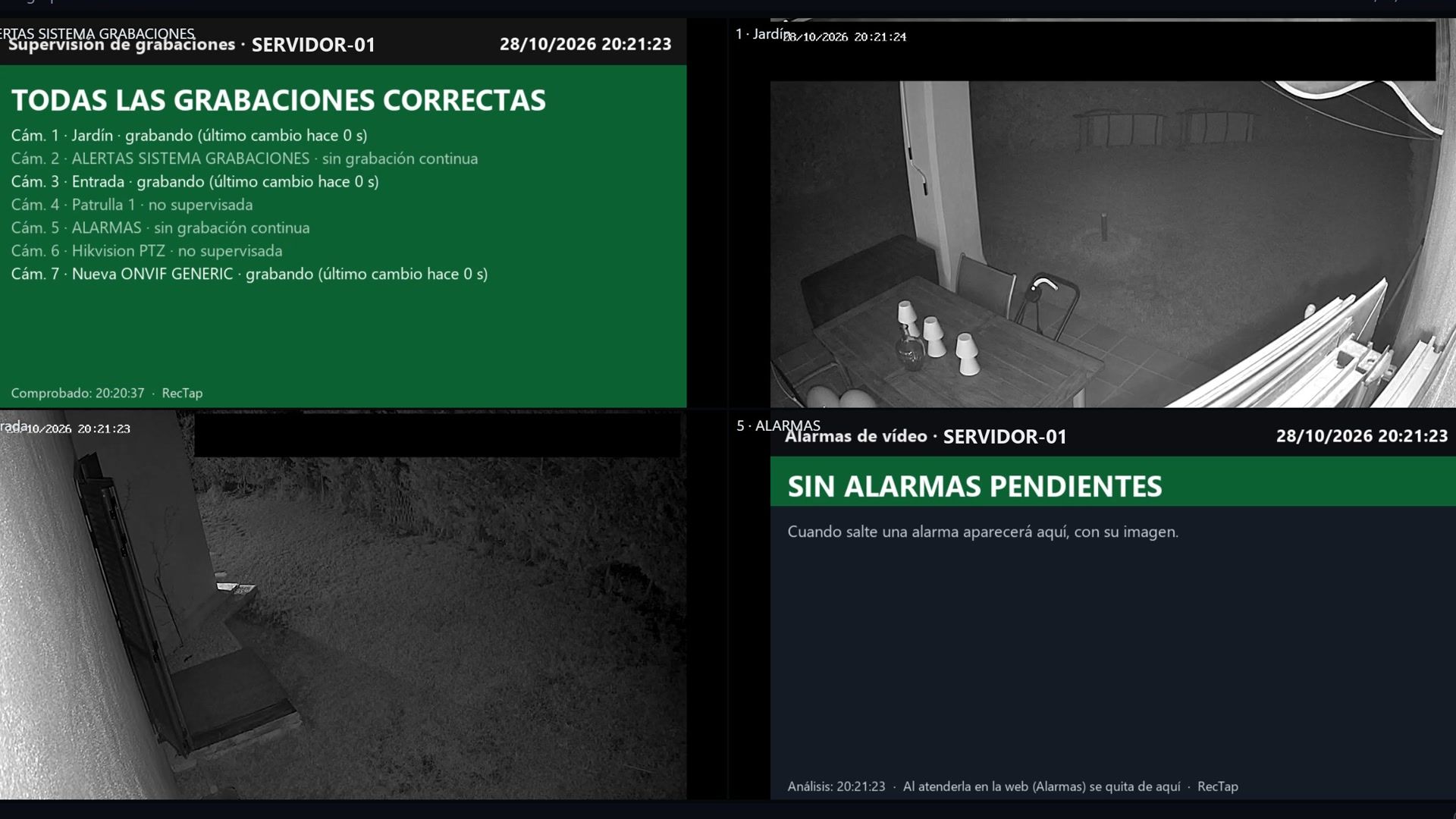 Mosaico de cuatro cámaras con la supervisión de grabaciones y la cámara de alarmas