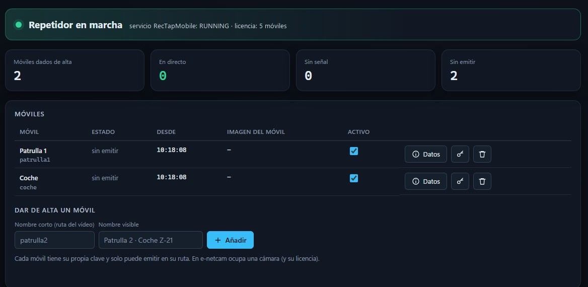 Pantalla de cámaras móviles con el estado del repetidor y la lista de celulares dados de alta
