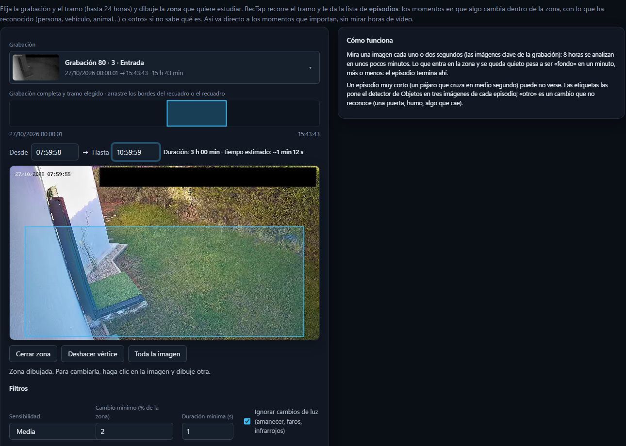 Selección de un tramo de tres horas y de una zona dibujada sobre la imagen de una entrada