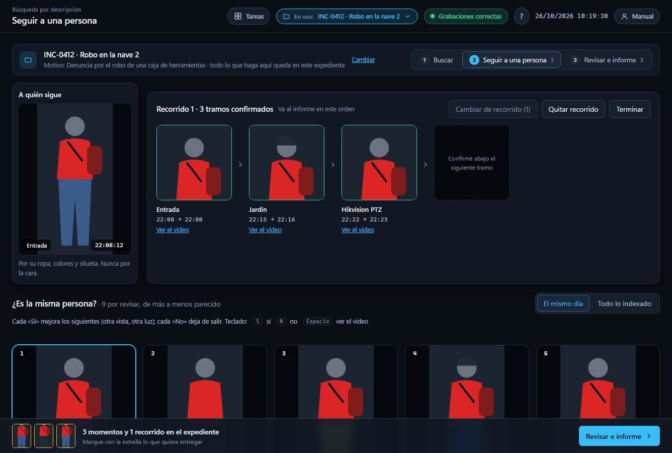 Recorrido confirmado de una persona en tres cámaras con la hora de cada tramo (datos de ejemplo)