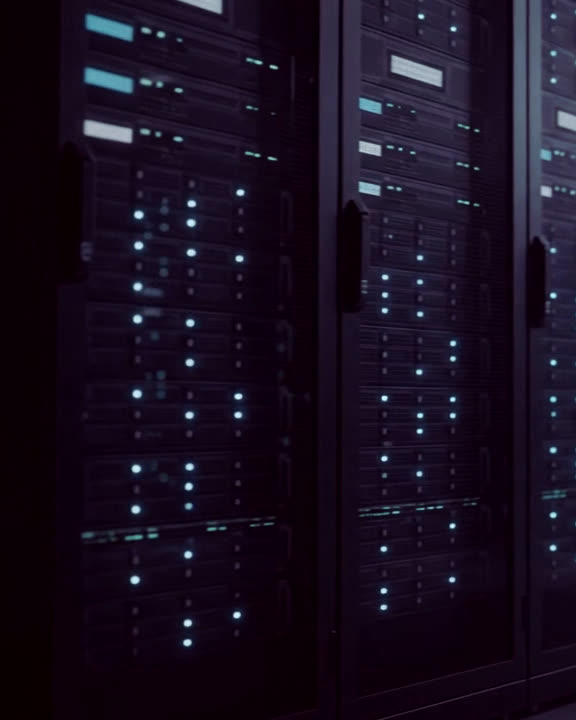 Pasillo de racks de servidores con luces de estado, en tonos berenjena